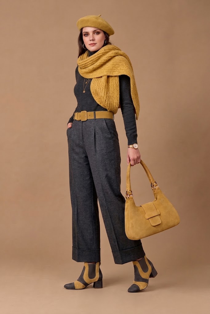 Women's charcoal gray and ochre yellow two-tone chelsea boots with round toe and low flared heel - Top view